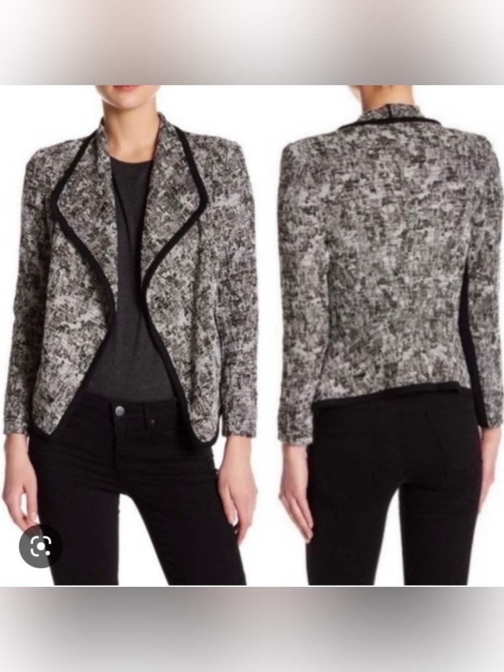 Vince Drape Open Front Black White Boucle Tweed Jacket Size 8